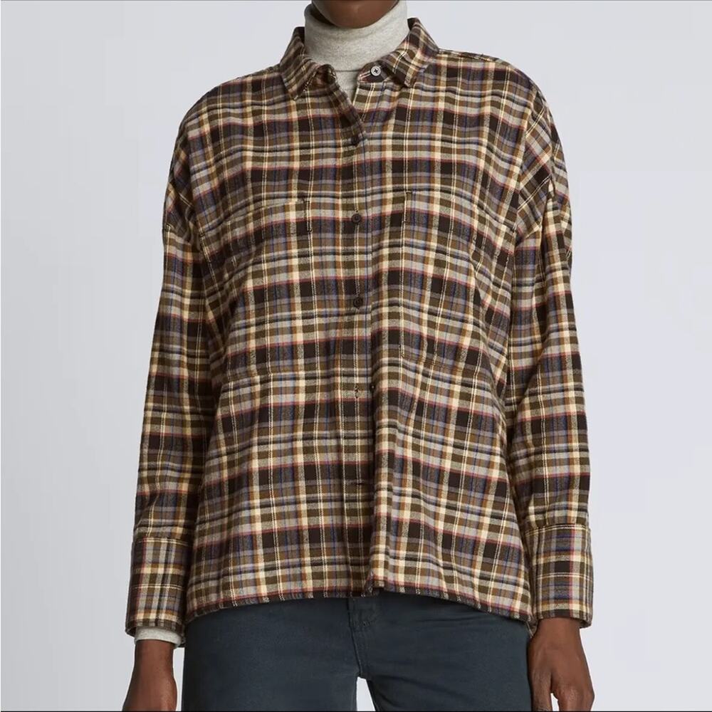 Everlane Boxy Plaid Brown Multicolor Flannel Button Down Shirt Shacket Sz S NEW